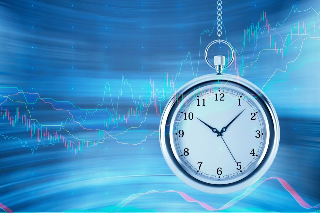 Four models of pocket watch are hovering in the air over financial graphs background. A concept of a value of time in financial markets. Forex chart. 3D rendering.