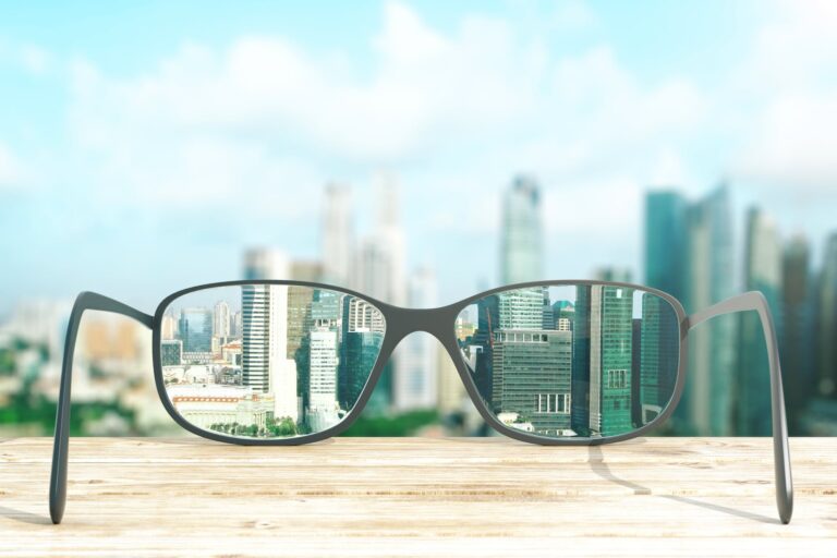cityscape in glasses lenses